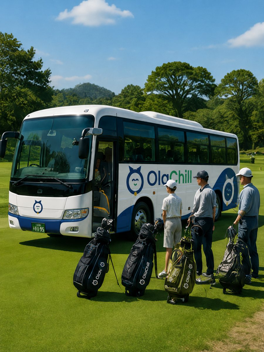 Charter bus for golf trips in Japan — clubs, clubhouse, no designated driver