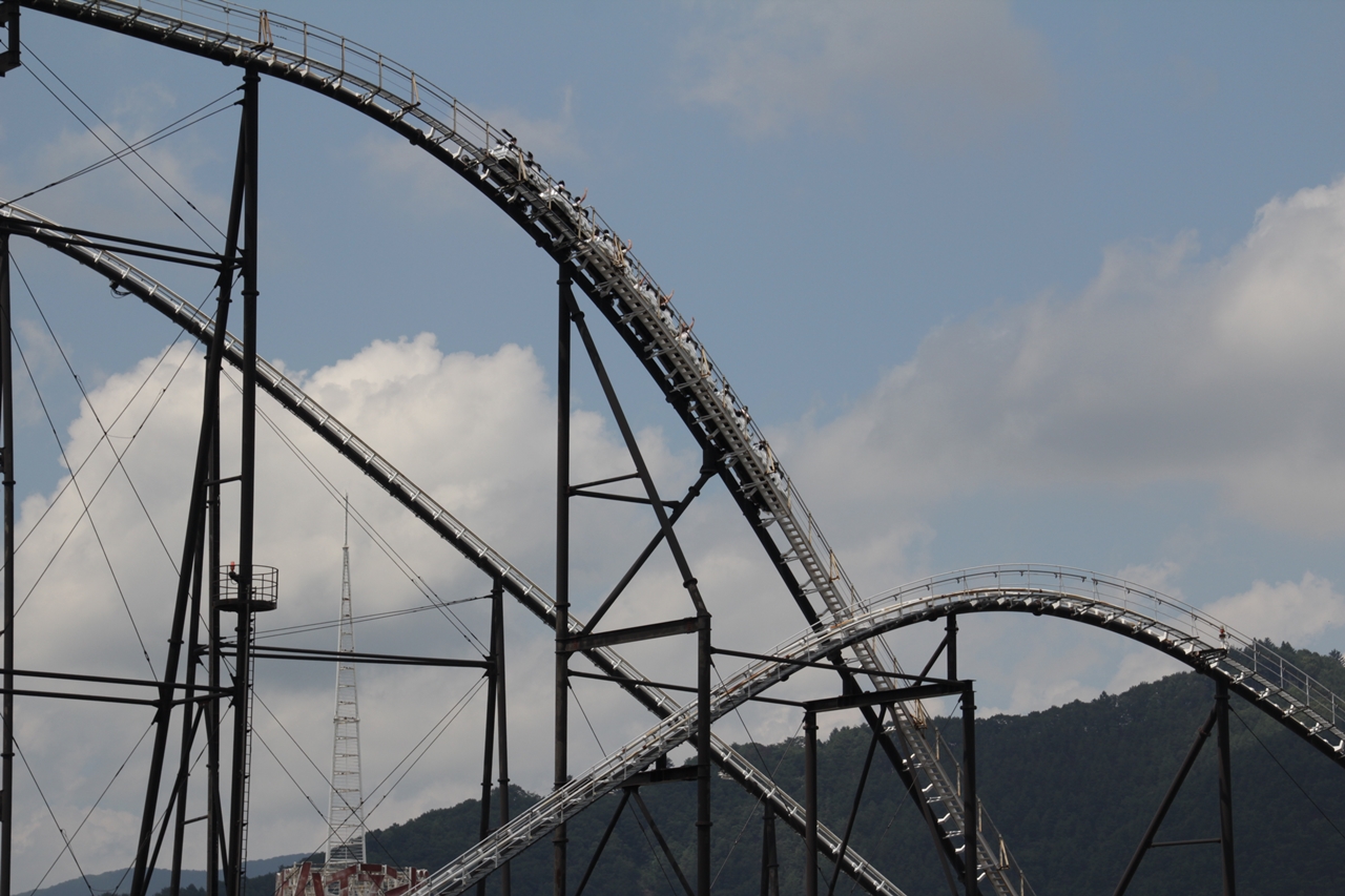 Steel track of the Fujiyama roller coaster arching over Fuji-Q Highland