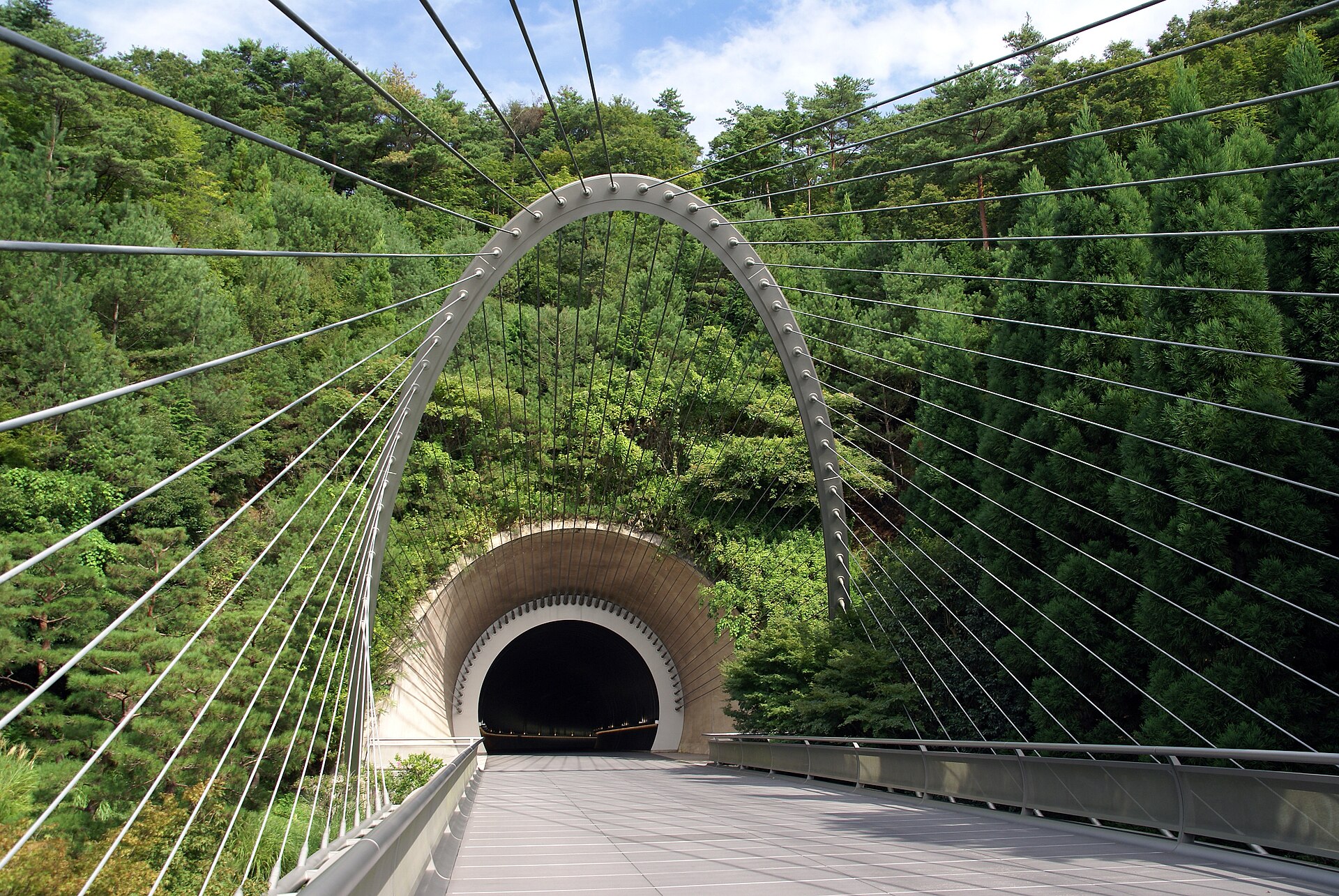 Cable-stayed bridge and tunnel portal on the approach to the Miho Museum, Koka, Shiga