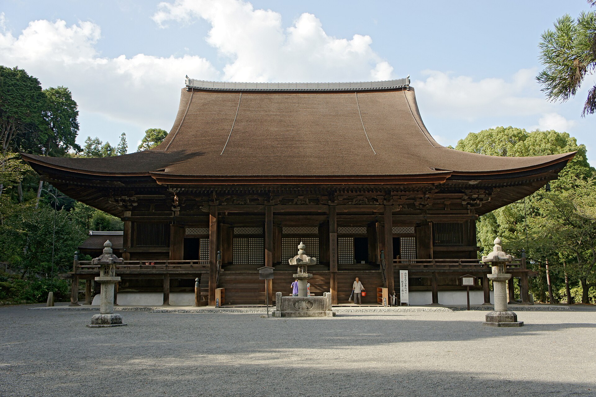 Kondo main hall of Mii-dera (Onjo-ji) with its cypress-bark roof and stone lanterns, Otsu