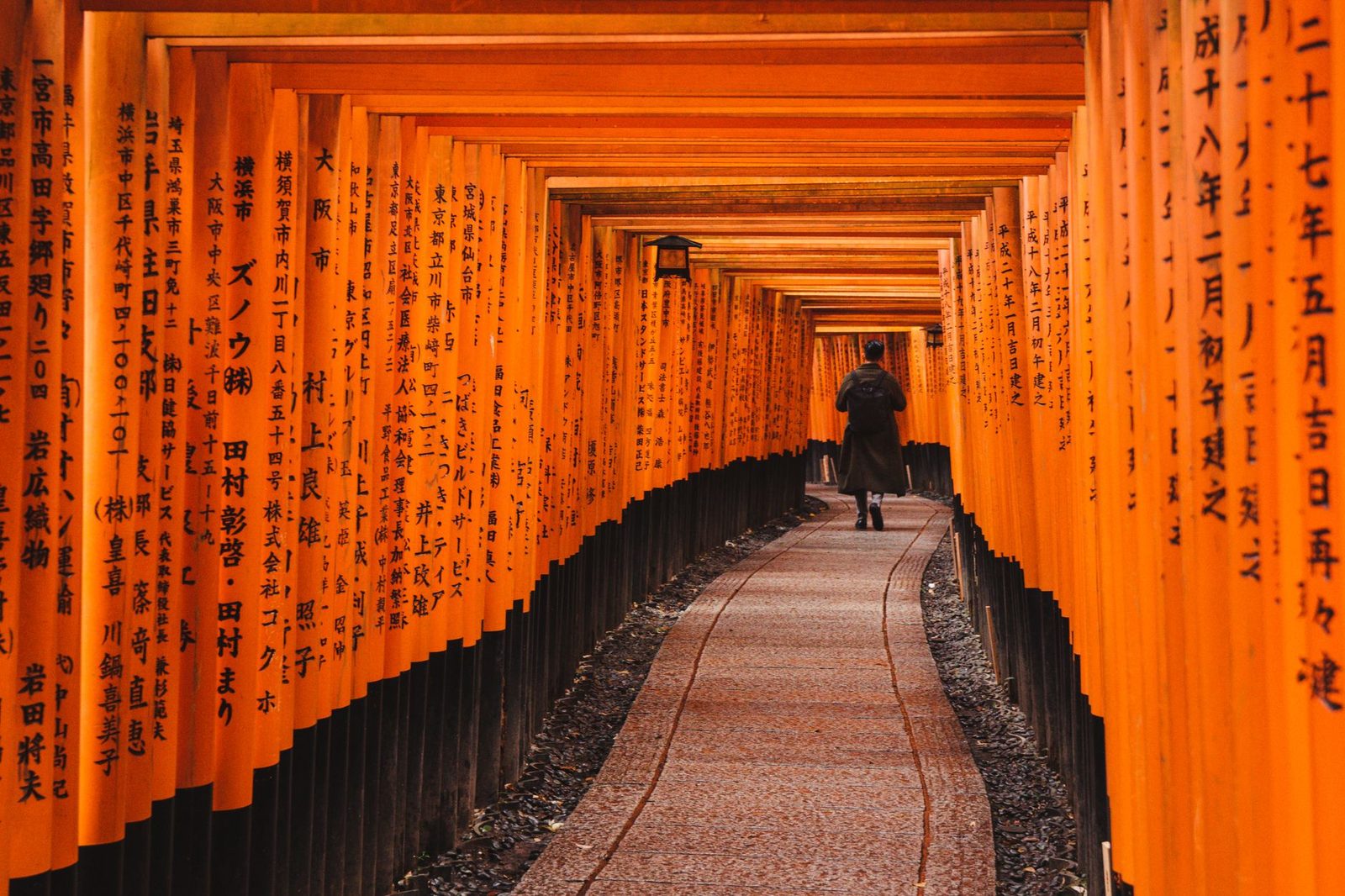 Senbon Torii tunnel of inscribed vermilion gates at Fushimi Inari Taisha, Kyoto