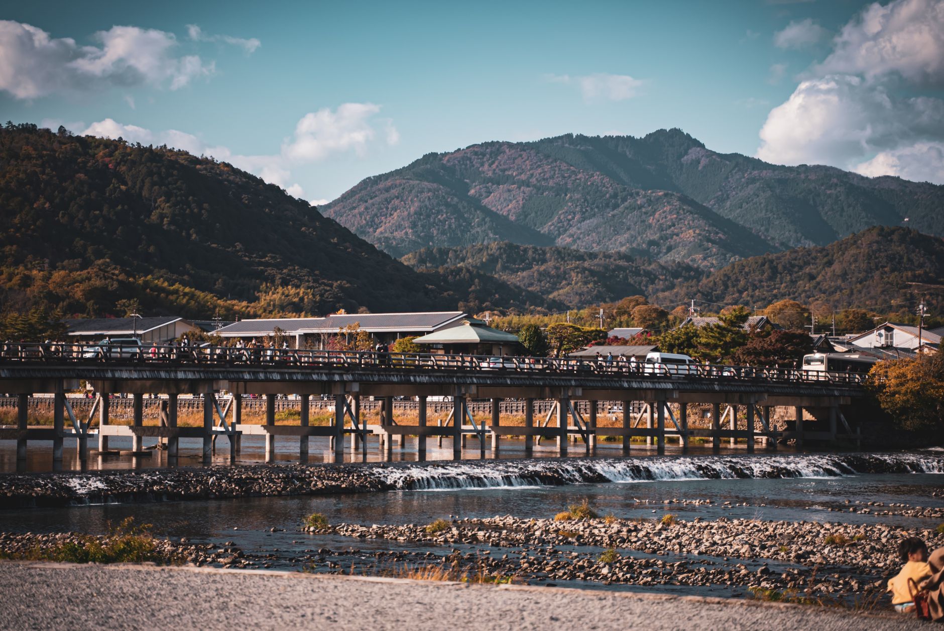 Togetsukyo Bridge across the Katsura River below the Arashiyama hills, Kyoto