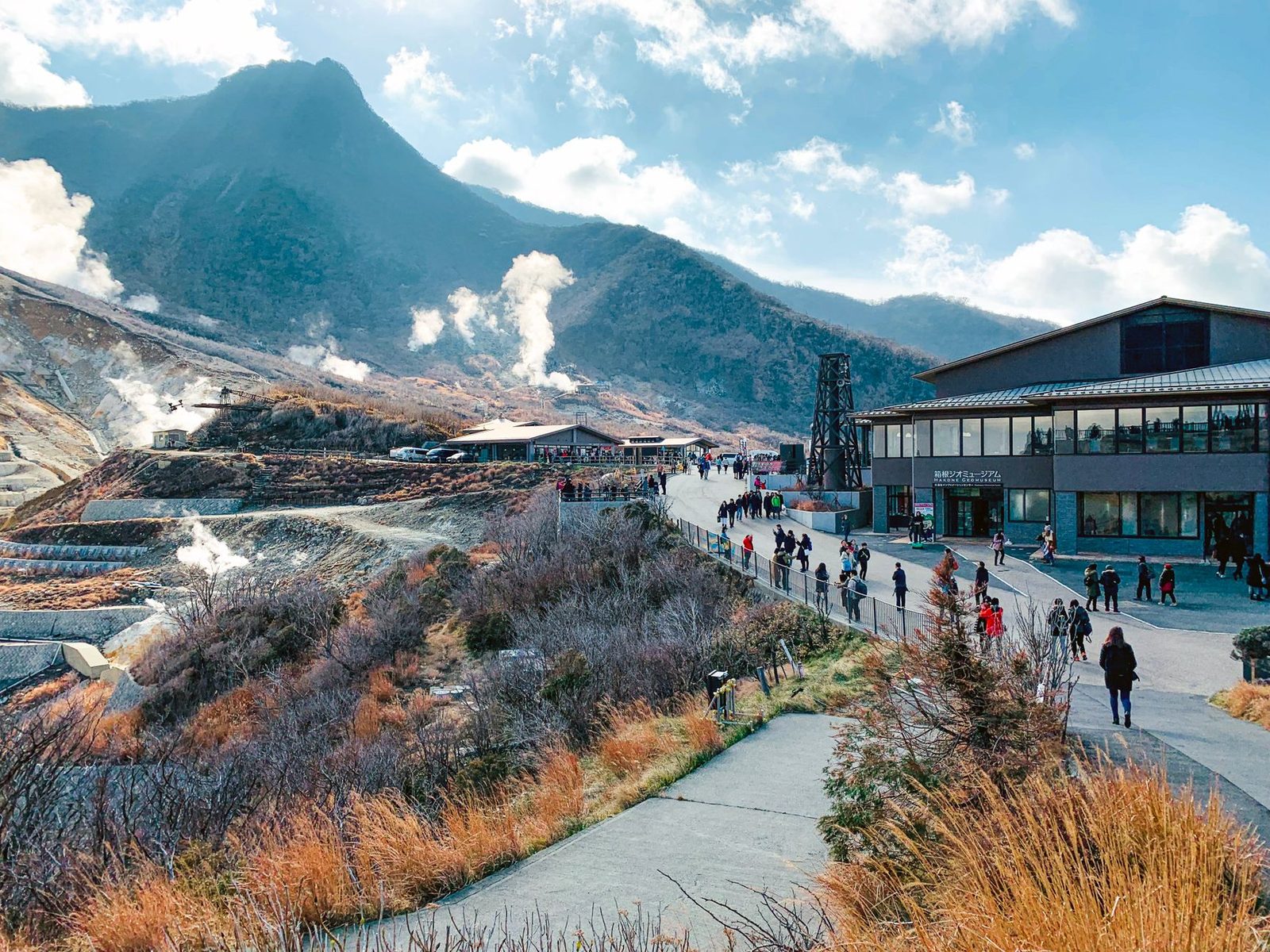 Illustrative photo: Amazing landscape of national park with volcanic mountainous terrain with fume mist crowded with tourists and located in Hakone Japan
