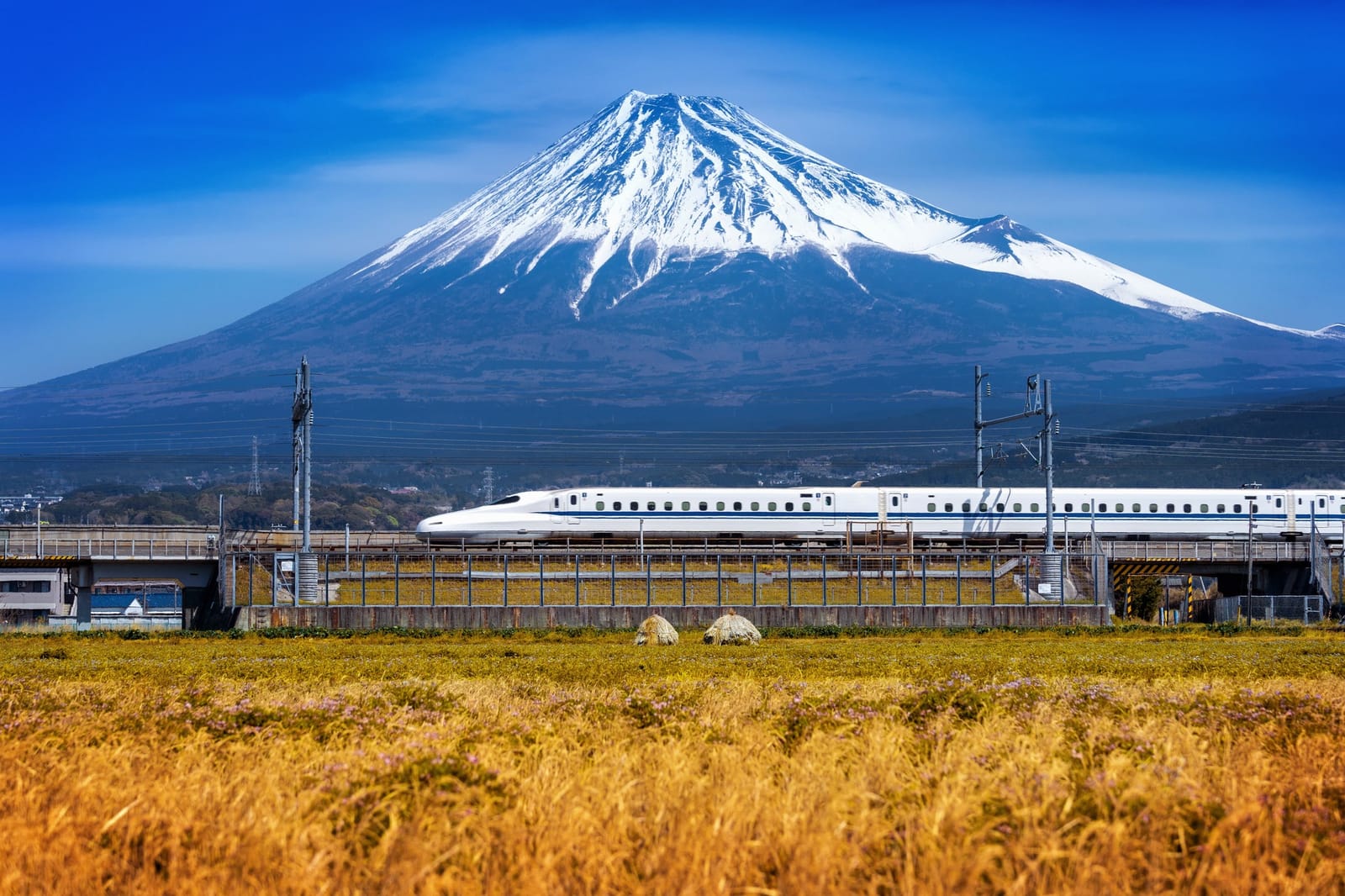 Shinkansen bullet train passing Mt. Fuji with snow-capped peak