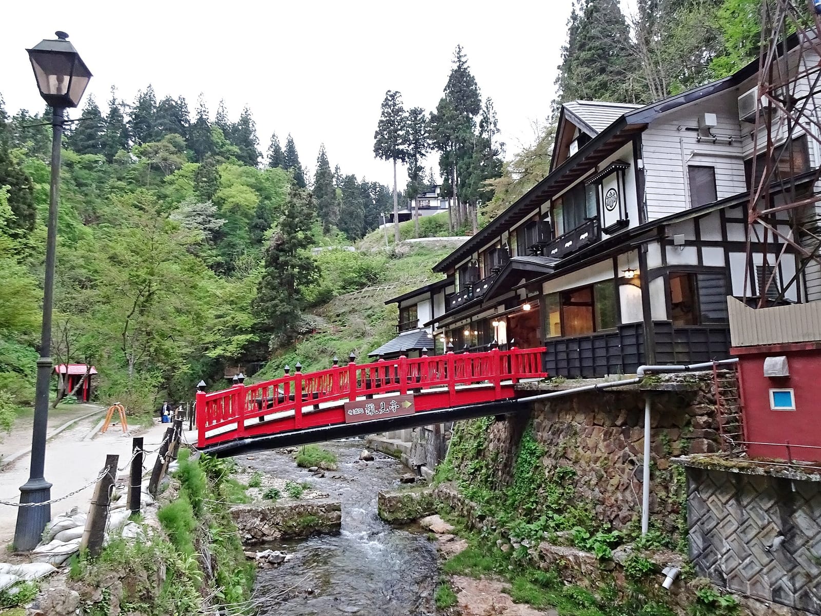 Wooden ryokan inns along the river at Ginzan Onsen — Yamagata, Tohoku
