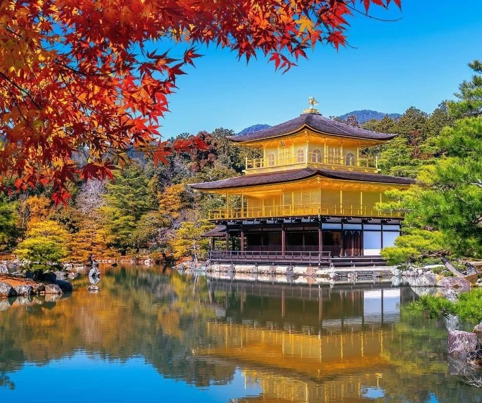 Kinkakuji reflected in Kyokochi Pond beneath a canopy of red autumn maples